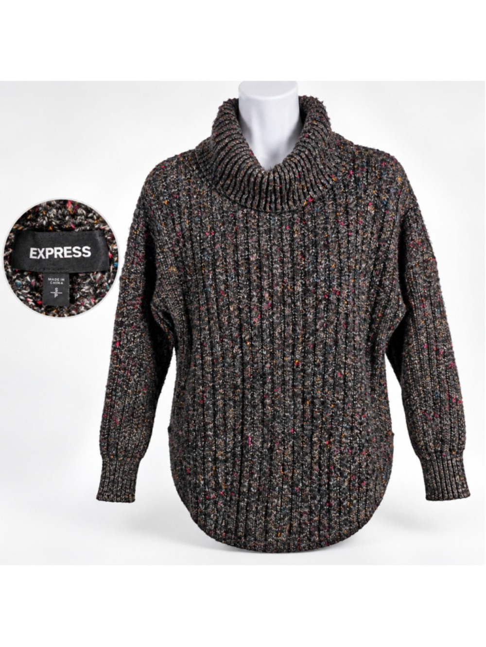 Express Womens Small Confetti Speckled Cowl Neck Tunic Sweater Oversized Chunky